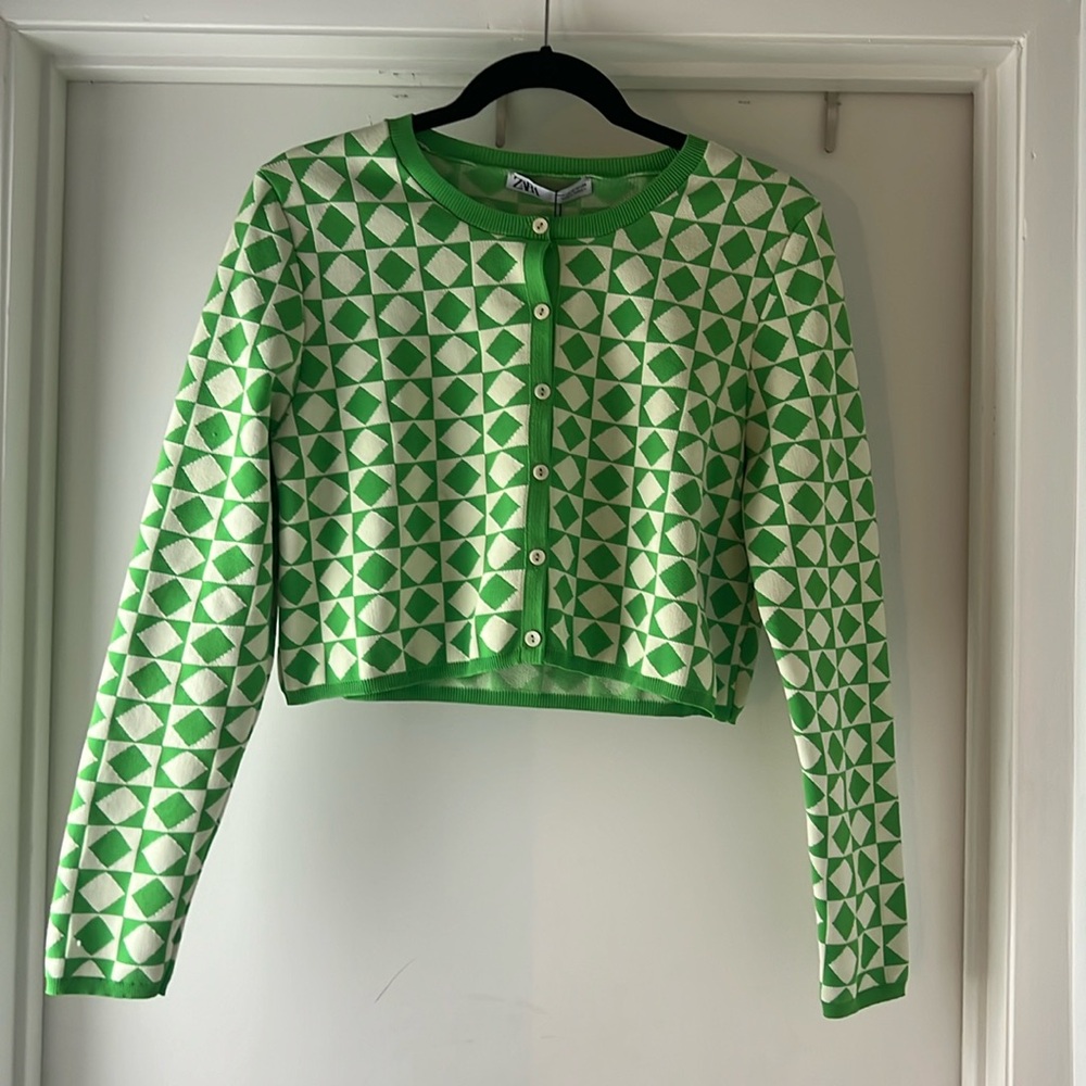 Zara Retro Y2K Green White Diamond Cardigan
